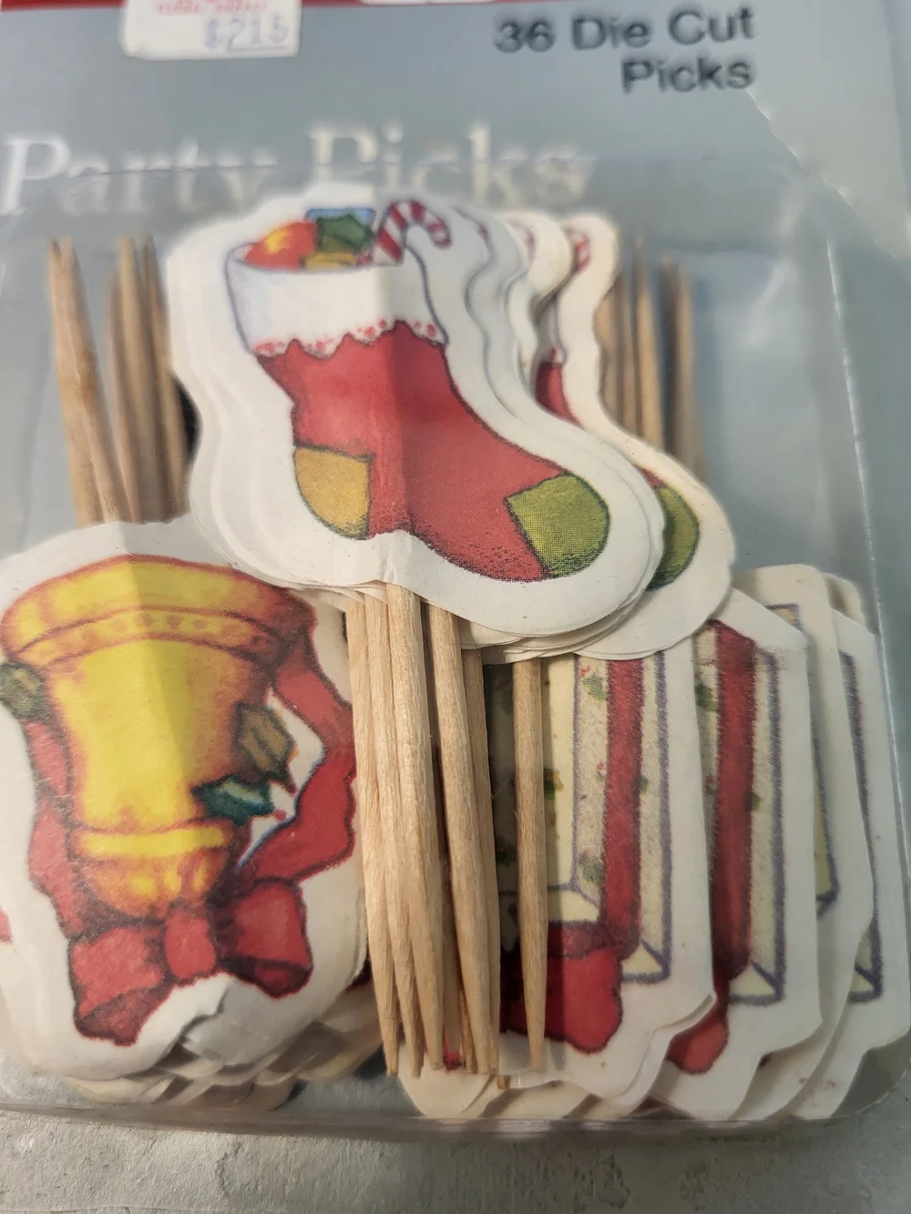 1980s NOS Paper Art Party Picks - PresentRed Stocking & Bell Holiday (36 Count)
